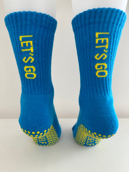 Anti slip grip crew socks blue and yellow 