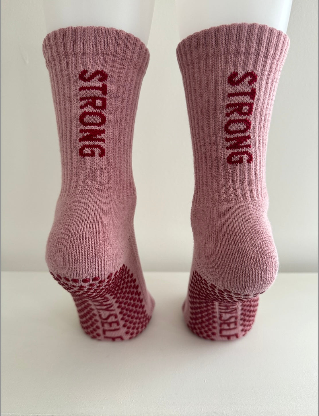 Anti slip grip crew socks pink and red text